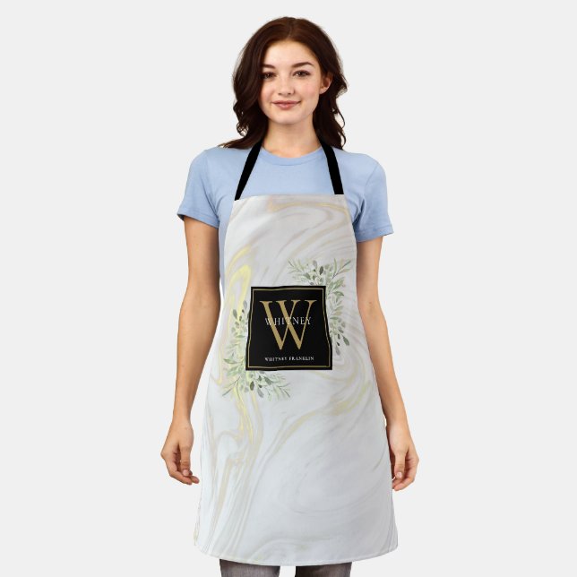 Marble Watercolor Floral Black Gold Monogram Apron (Worn)