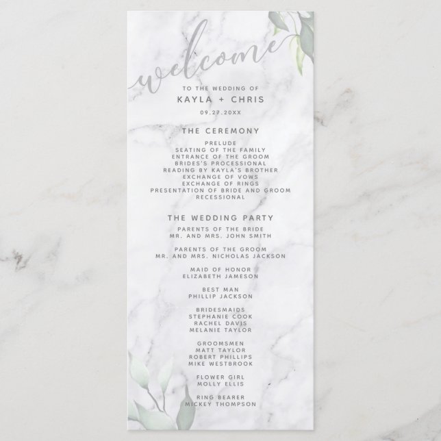Marble Watercolor Floral Wedding Program Programme (Front)