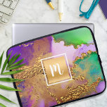 Marble watercolor gold purple aqua green monogram laptop sleeve<br><div class="desc">A sparkly, faux gold foil square with a script typography monogram initial overlays a rich, gold veined, purple, green, aqua, and pink watercolor background on this elegant, trendy, girly, monogramed neoprene laptop sleeve. Makes a fun and stylish statement every time you use it. This laptop sleeve comes in three sizes:...</div>