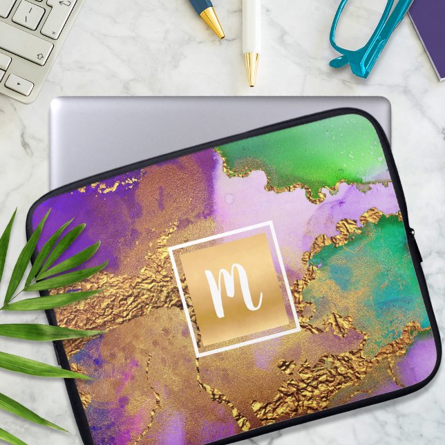 Marble watercolor gold purple aqua green monogram laptop sleeve (Creator Uploaded)