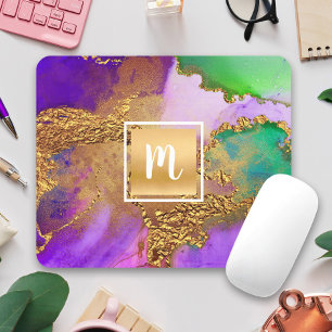 Marble watercolor gold purple aqua green monogram mouse mat