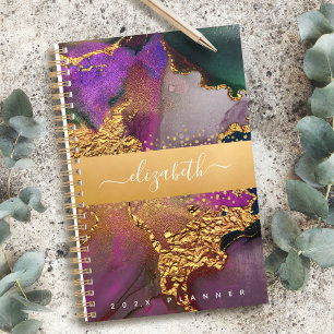 Marble watercolor gold purple blue green script planner