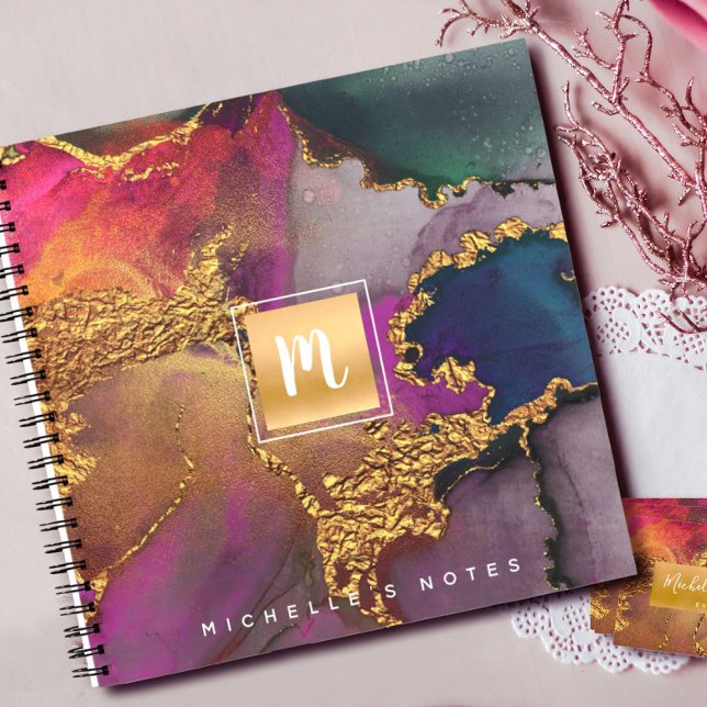 Marble watercolor gold purple blue monogram square notebook (Creator Uploaded)