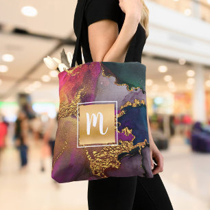 Marble watercolor, gold purple green blue monogram tote bag