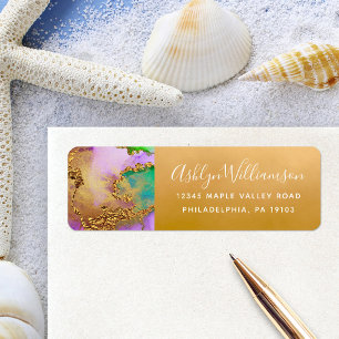 Marble watercolor gold purple turquoise address
