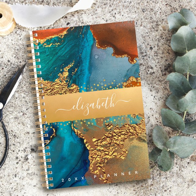 Marble watercolor gold turquoise orange script planner (Creator Uploaded)