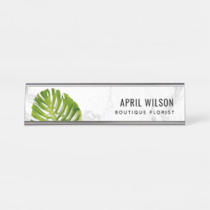 MARBLE WATERCOLOR GREEN MONSTERA LEAF FOLIAGE DESK NAME PLATE