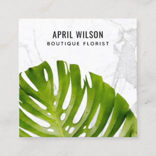 MARBLE WATERCOLOR GREEN MONSTERA LEAF FOLIAGE SQUARE BUSINESS CARD