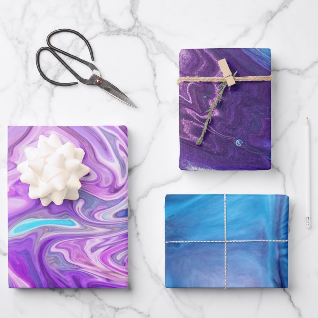 Marble Watercolor Mixed Blue, Purple, Pink  Wrapping Paper Sheet (Front)