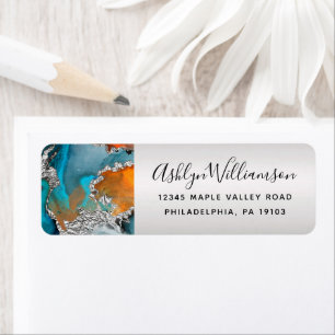 Marble watercolor silver turquoise orange address