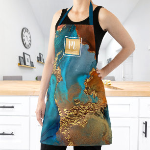 Marble watercolor turquoise gold salon monogram ap apron