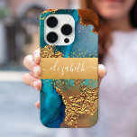 Marble watercolor turquoise orange gold your name iPhone 16 pro case<br><div class="desc">A sparkly, faux gold foil band with your script typography name overlays a rich, gold veined, turquoise blue, and yellow orange watercolor background on this chic, elegant, modern cell phone case. Personalise with your name. Makes a fun and stylish statement every time you use it. A great gift for a...</div>