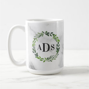 Marble watercolor wreath monogram coffee mug