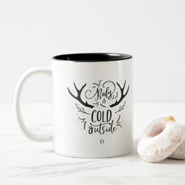 Marble watercolor wreath monogram Two-Tone coffee mug (With Donut)