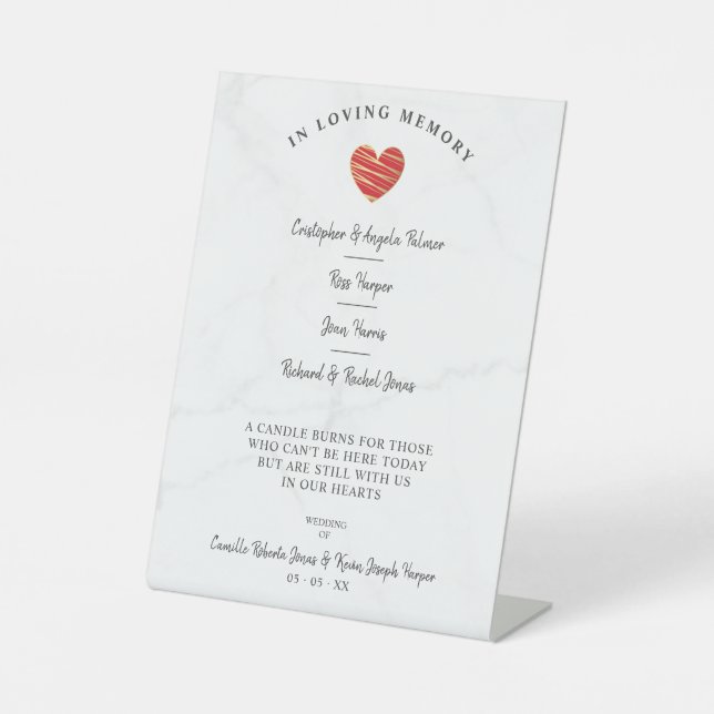 Marble Wedding Family Memorial Table Red Heart Pedestal Sign (Front)
