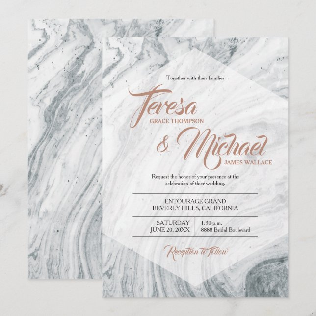 Marble Wedding invitation, Faux Rosegold, Polygon Invitation (Front/Back)