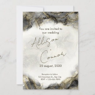 Marble wedding invitation with black and gold comb