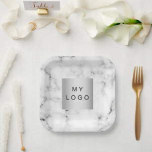 Marble white black business logo paper plate