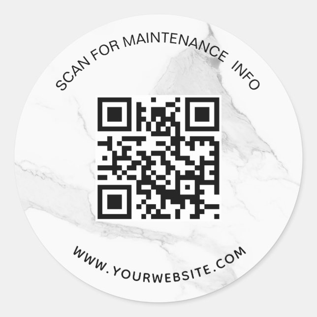 Marble white business qr code maintenance info classic round sticker (Front)