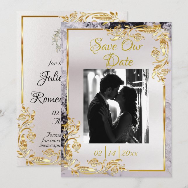 Marble & White, Gold Frame, Silver Heart Save The Date (Front/Back)