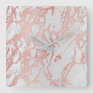 Marble White Gray Pink Rose Gold Blush Carrara Square Wall Clock