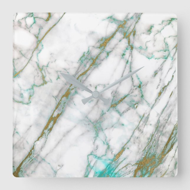 Marble White Grey Gold Graphite Carrara Mint Square Wall Clock (Front)