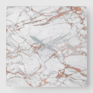 Marble White Grey Pink Rose Gold Blush Carrara Square Wall Clock