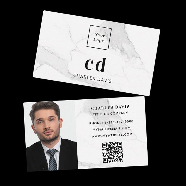 Marble white monogram initials photo Qr code logo Business Card (Creator Uploaded)