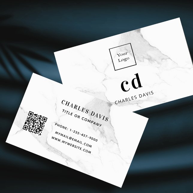 Marble white monogram initials Qr code logo Business Card (Creator Uploaded)