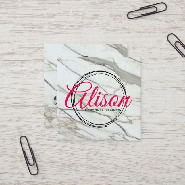 Marble white pink calligraphy letters square card. square business card (Front/Back In Situ)