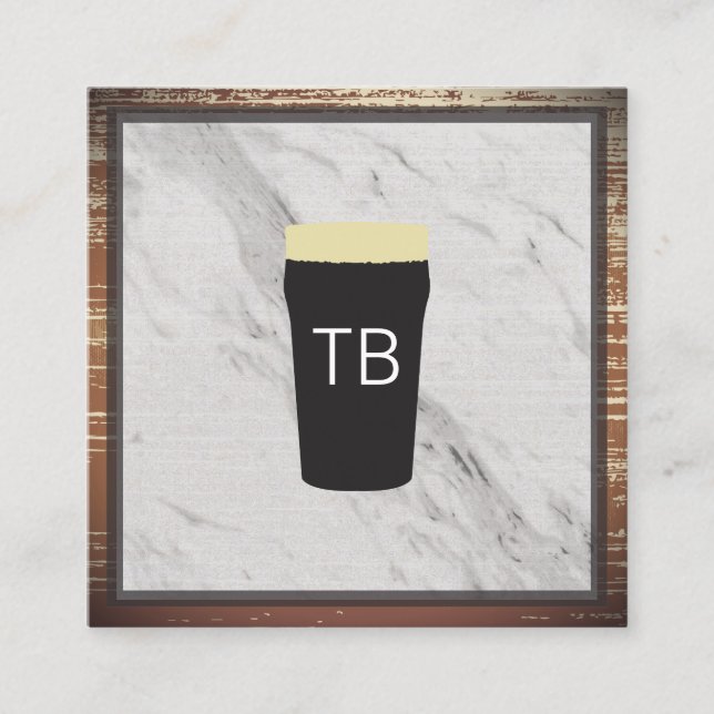 Marble with Wood Trim and Monogram Square Business Card (Front)