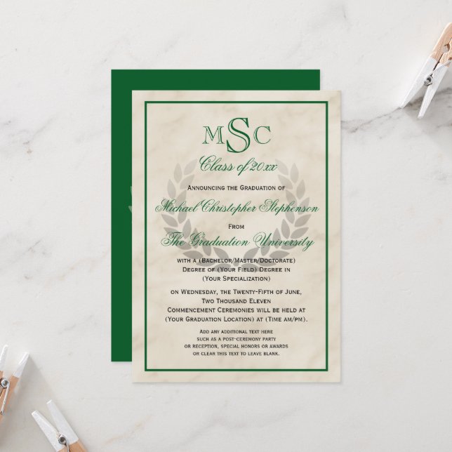 Marble Wreath Monogram Classic College Graduation  Invitation (Front/Back In Situ)