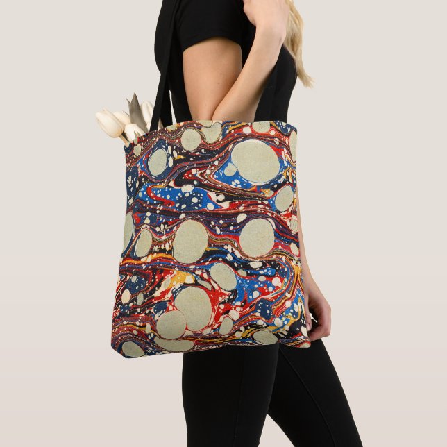MARBLED ABSTRACT RED BLUE SWIRLS,WHITE CIRCLES TOTE BAG (Close Up)
