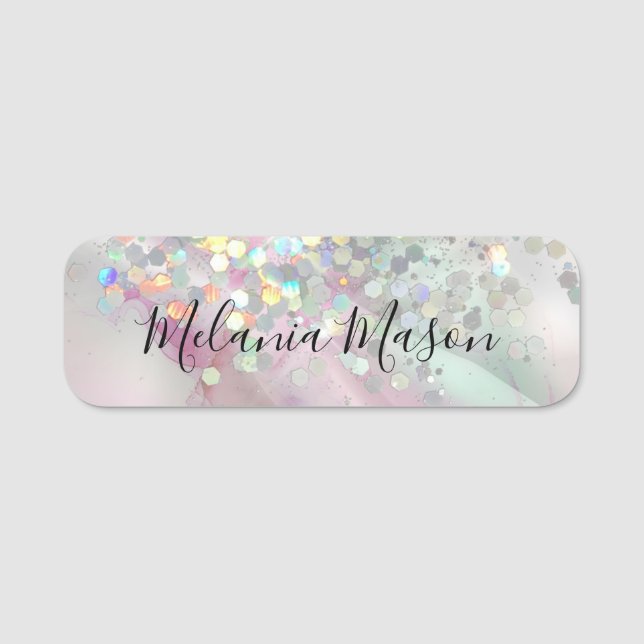 Marbled Alcohol Ink Holographic Glitter Elegant Name Tag (Front)