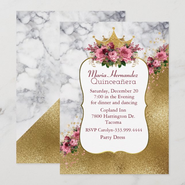 Marbled and Gold Crown Quinceañera Invitation (Front/Back)