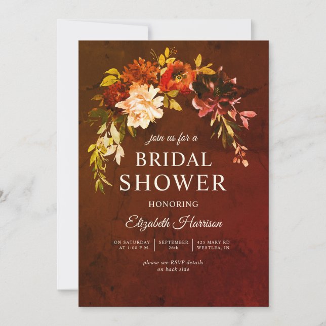 Marbled Autumn Splendour Floral Bridal Shower Invitation (Front)