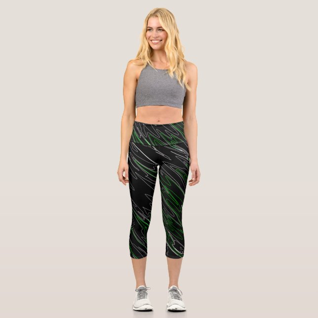 Marbled Black Green Capri Leggings (Front)