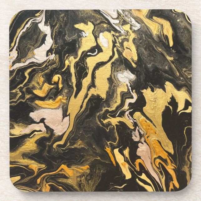 Marbled Black Rose Gold Abstract Paint Coasters (Front)