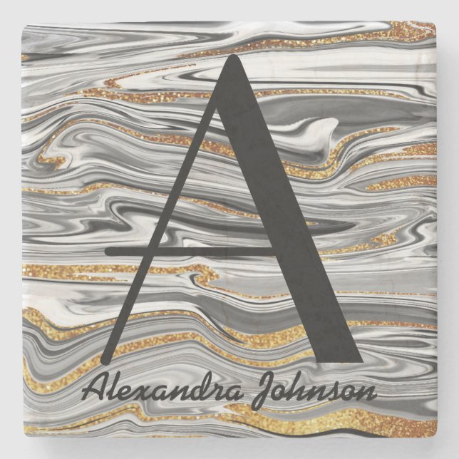 Marbled Black White and Glitter Gold Monogram Name Stone Coaster (Front)