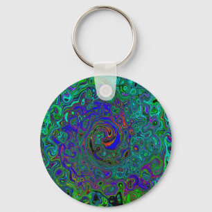 Marbled Blue and Aquamarine Abstract Retro Swirl Key Ring