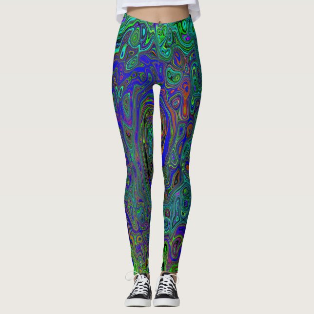 Marbled Blue and Aquamarine Abstract Retro Swirl Leggings (Front)