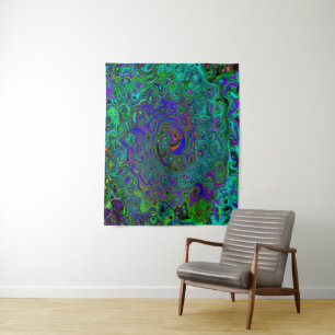 Marbled Blue and Aquamarine Abstract Retro Swirl Tapestry