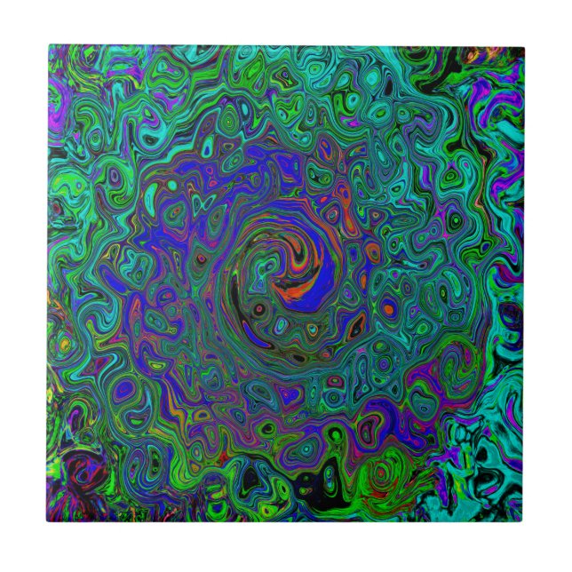 Marbled Blue and Aquamarine Abstract Retro Swirl Tile (Front)