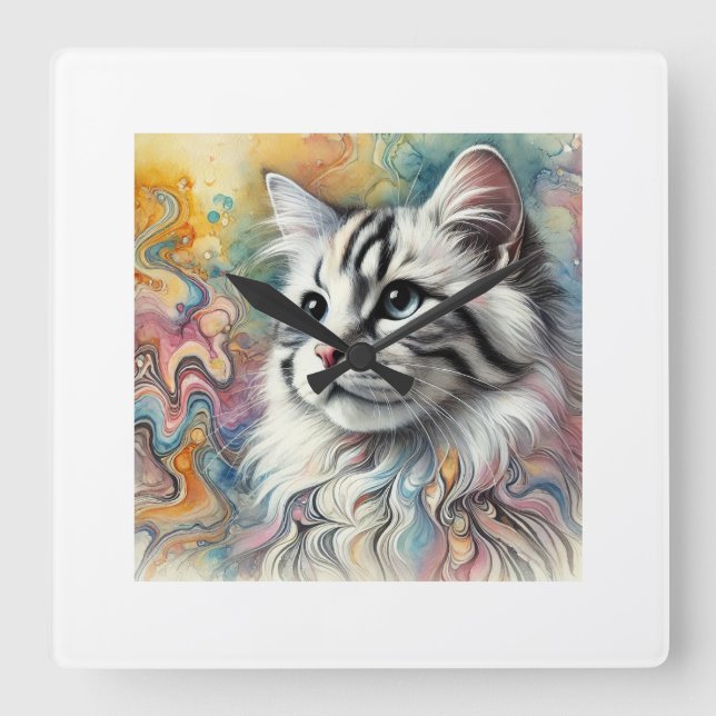 Marbled Cat 100724AREF106 - Watercolor Square Wall Clock (Front)