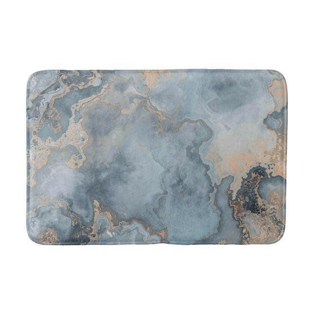 Marbled Dusty Blue Grey Tan Contemporary Bath Mat (Front)