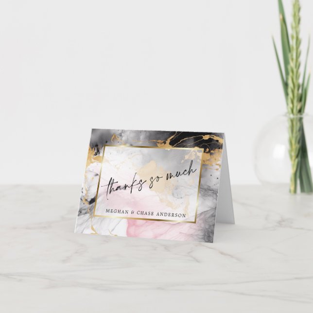 Marbled Dusty Rose Black Gold Abstract Thank You Card (Front)