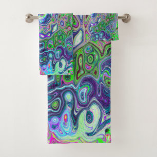 Marbled Lime Green and Purple Abstract Retro Swirl Bath Towel Set