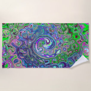 Marbled Lime Green and Purple Abstract Retro Swirl Beach Towel