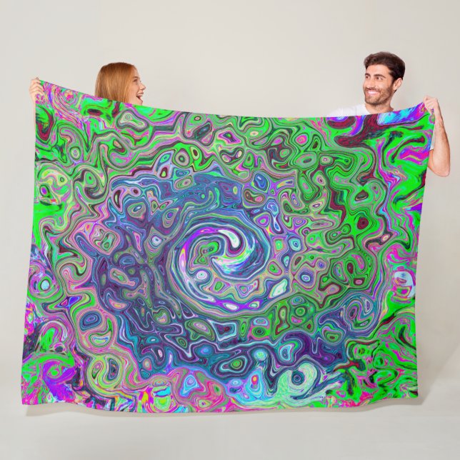 Marbled Lime Green and Purple Abstract Retro Swirl Fleece Blanket (In Situ)