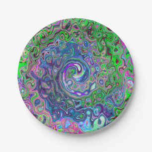 Marbled Lime Green and Purple Abstract Retro Swirl Paper Plate